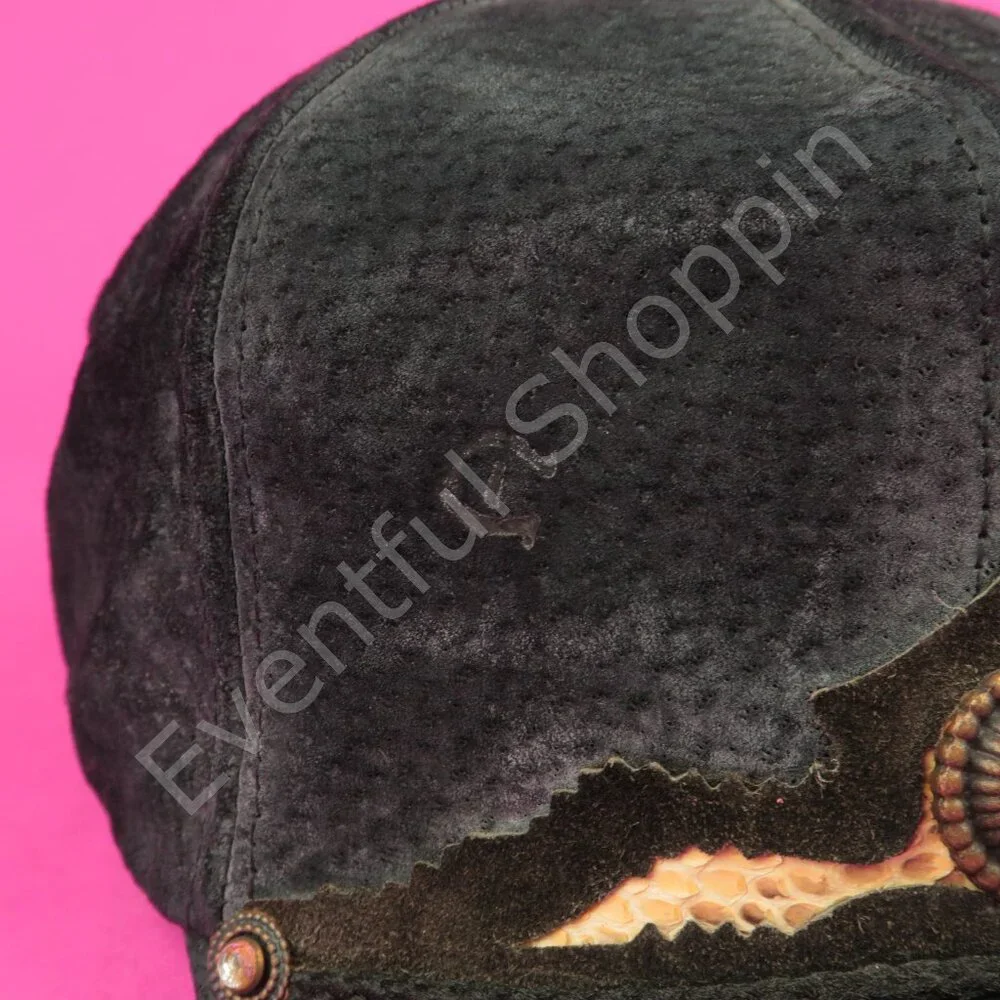 Vintage Leather Snakeskin Hat Mens Black Adjustable Vintage 1980s Made In USA - Picture 6 of 10